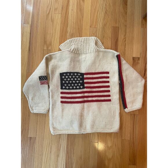 Vintage Hand Knit World of Wool Vintage American Flag sweater w/ zip RARE HEAVY - Picture 2 of 6
